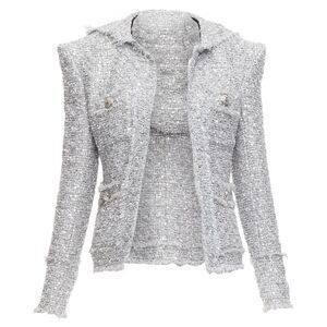 Balmain silver sequinned boucle tweed hooded power shoulder jacket